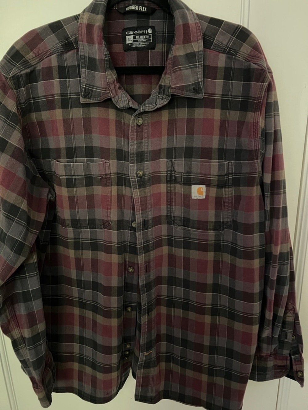 Carhartt Men's Burgundy and Gray Plaid Flannel Button-Down Shirt